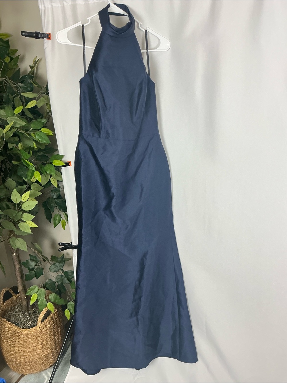 ALFRED SUNG Navy Halter Open-Back Satin Trumpet Gown - Picture 2 of 6